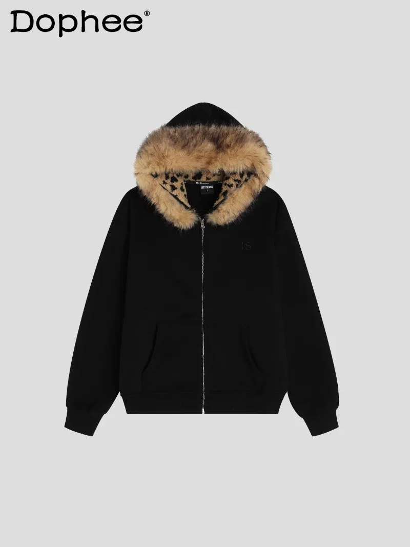 

American Retro Fashion Trend High Street Leopard Print Fur Collar Fleece Sweatshirt Casual Loose Zipper Hooded Jacket Unisex
