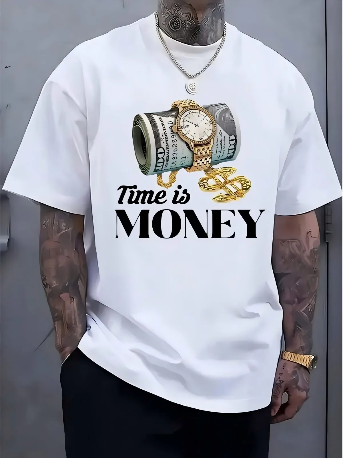 American men's summer wealth time letter print soft and breathable round neck T-shirt outdoor urban minimalist casual top