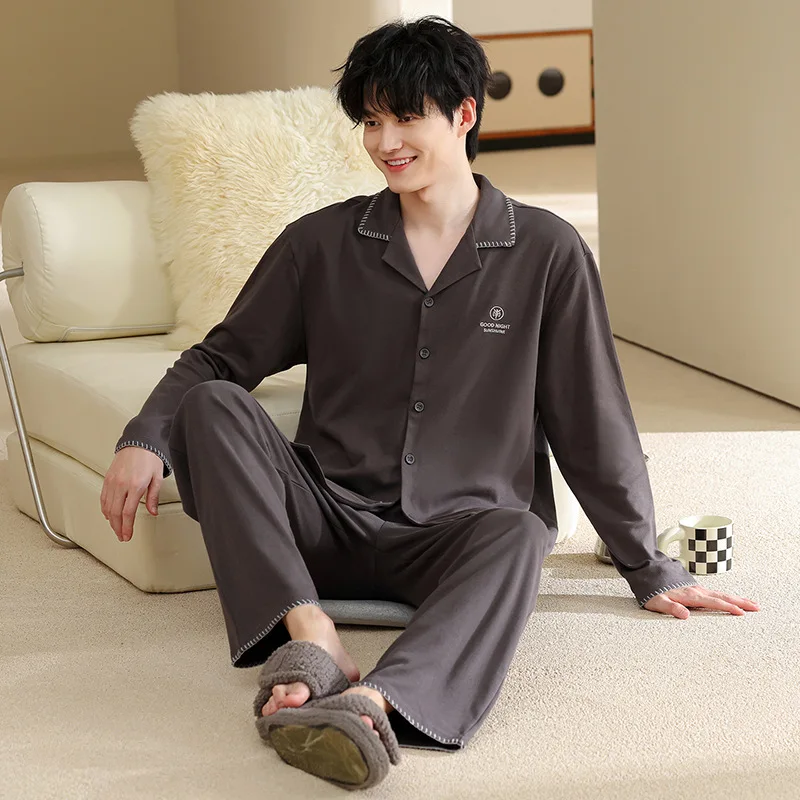 100% Cotton Men's Cardigan Pajamas set Elegant Nightwear for Autumn and Spring Male Young Boy L-3XL Pjs Pyjamas Hombre Dropship