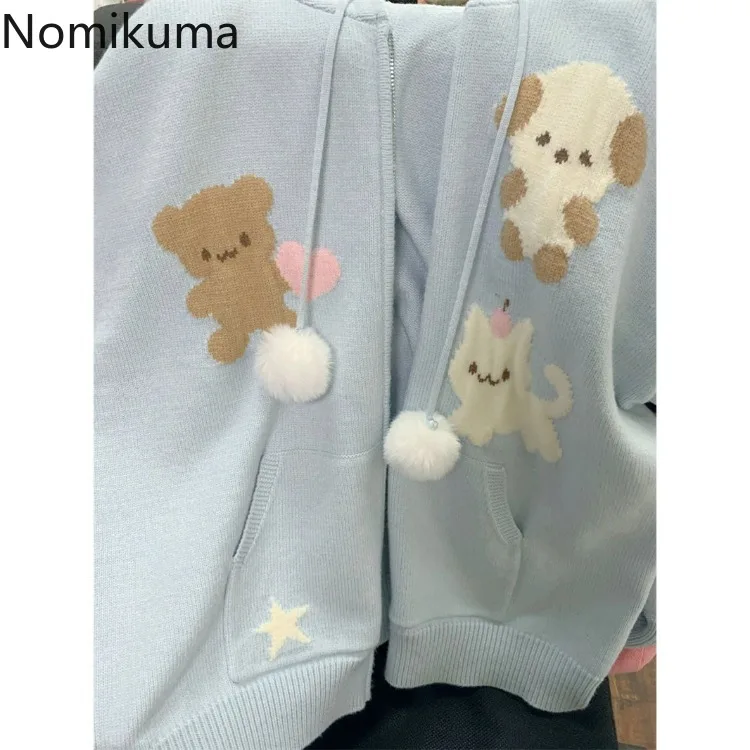 Dzianinowe swetry damskie Cartoon z kapturem, na suwak Pull Femme 2023 Ropa Mujer Casual moda koreańska dzianina bluzki sweter 7 m876