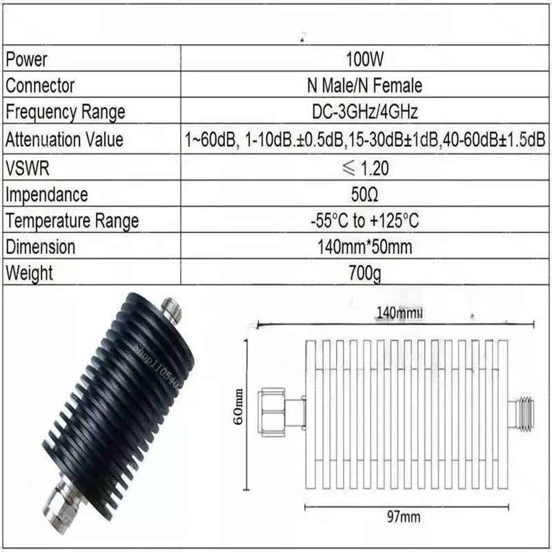 100W N-Type RF Coaxial attenuator 1db 2db 3db 5db 6db 10db 15db 20db 30db 40dB 50db 60db ，DC 0-4GHz 50ohm for microwave BB