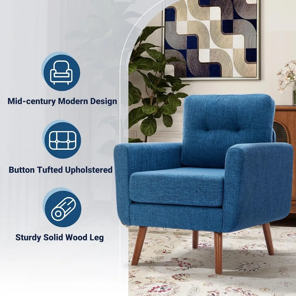 Mid Century Modern Linen Single Sofa Chair, Button-Tufted, Comfortable Reading Seating for Living Room, Bedroom, Blue - view 3
