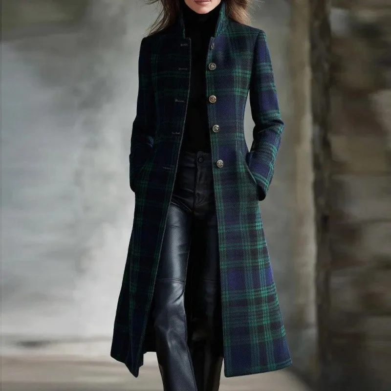 Plaid Button Front Coat Relaxed Fit Urban with Button Detail Western Long Sleeve Regular Sleeve Women Coat Autumn Striped