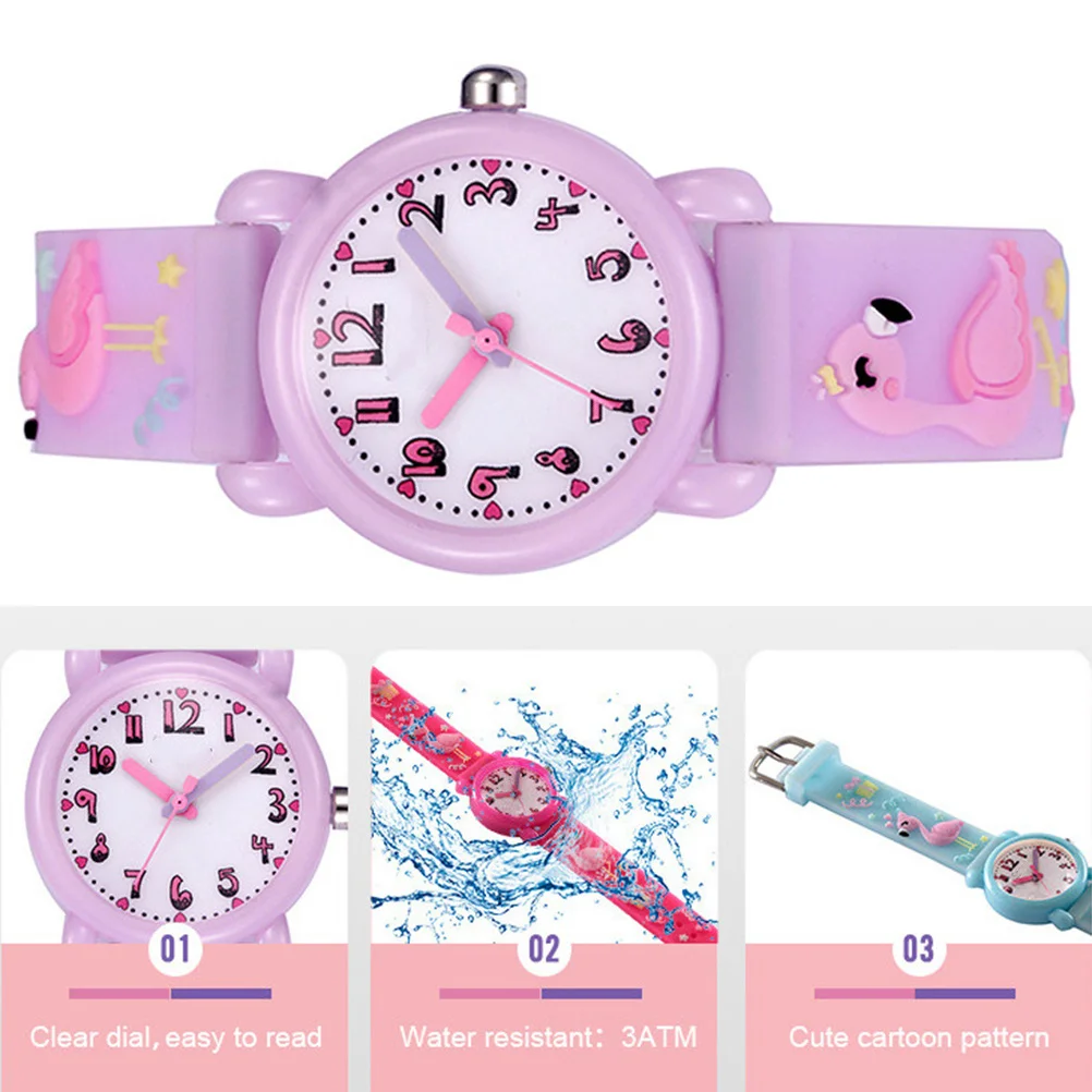 1Pcs Light Purple Cartoon Watch 3D Flamingo Artwork Waterproof Scratch Resistant Strap Comfortable Fit Fashion Wrist