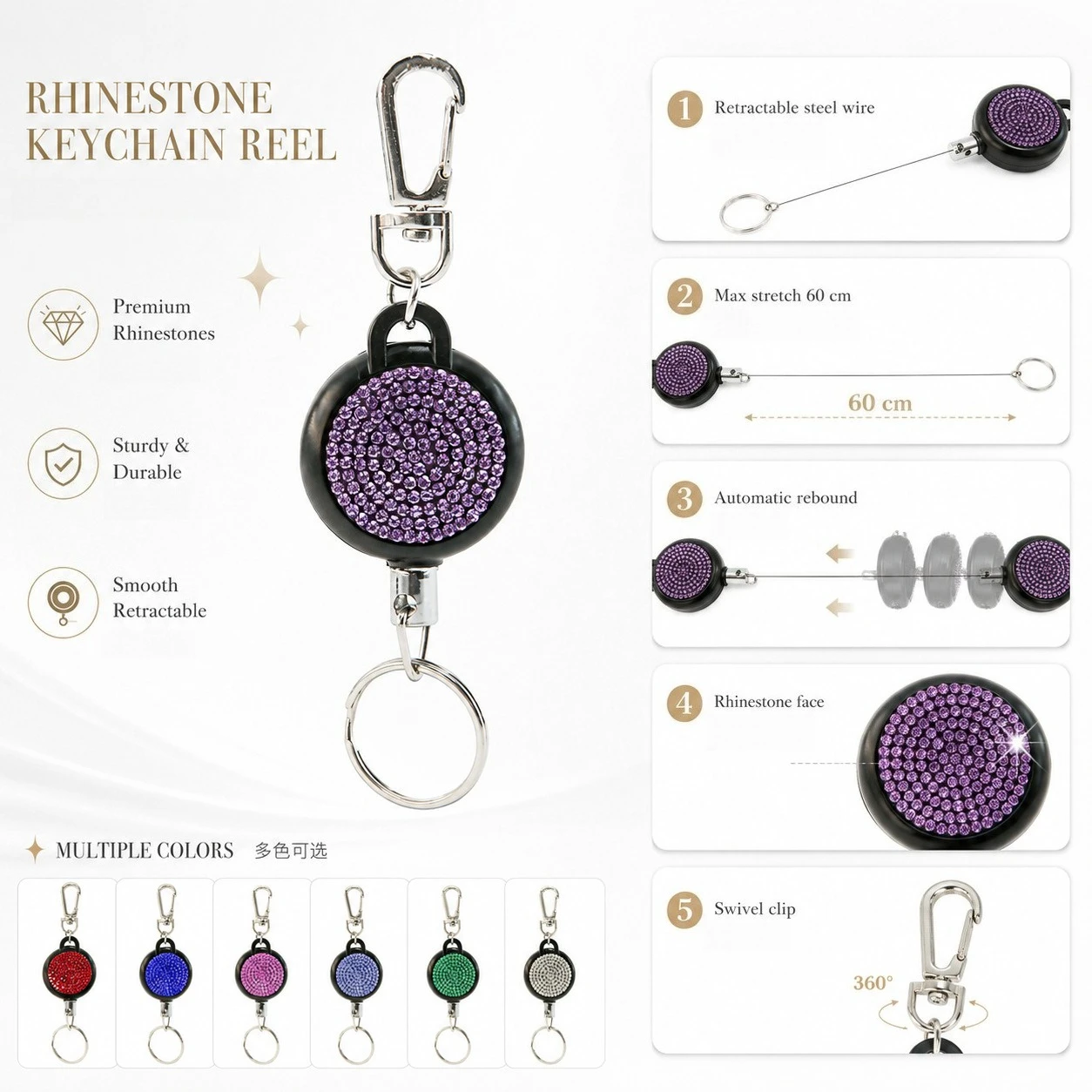 Diamond-encrusted Retractable Keychain for Women's Bags, Anti-lost and Anti-theft Retractable Wire Rope Buckle