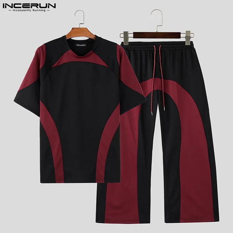 Fashion New Men Sets INCERUN 2024 Short Sleeve T-shirt Wide Leg Pants Casual Streetwear Personality Splicing Two Piece Sets 2024