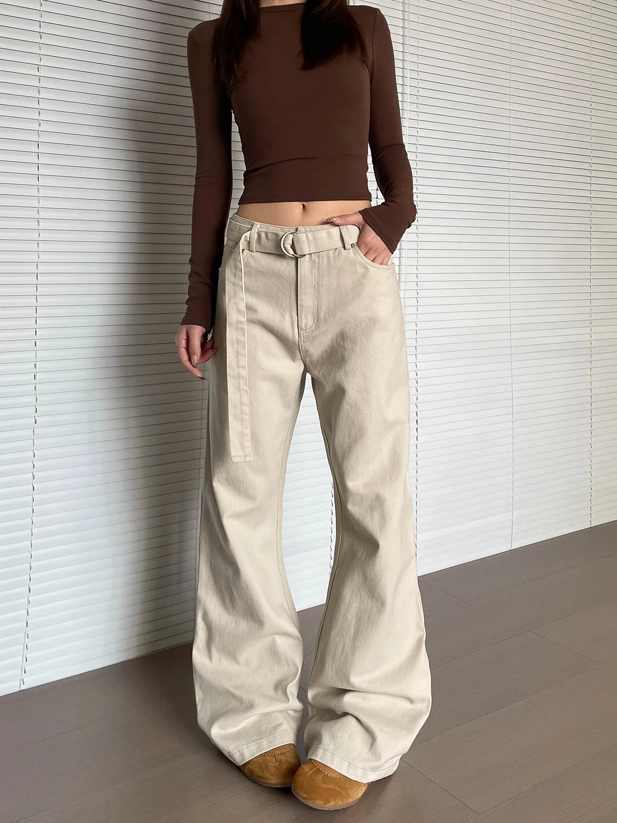 

Retro American Khaki Sa Design Bell Bot Jeans Men Women Clean Fit High Street Slim Long Pants Casual Straight Leg Jeans