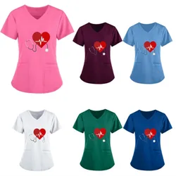 Heart Printed Nurse Scrub Tops Solid Short Sleeve V Neck Nursing Uniform hospital Pet Grooming Workwear Medical Tee Shirt Blouse