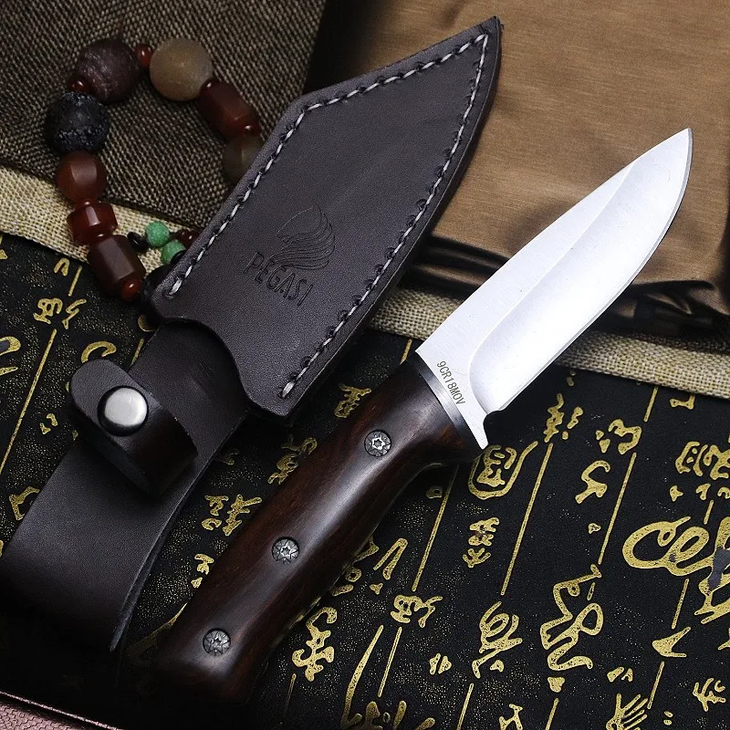 9CR18MOV Mirror light high end wood handle one steel sharp hunting knife home slicing knife outdoor tactical straight knife