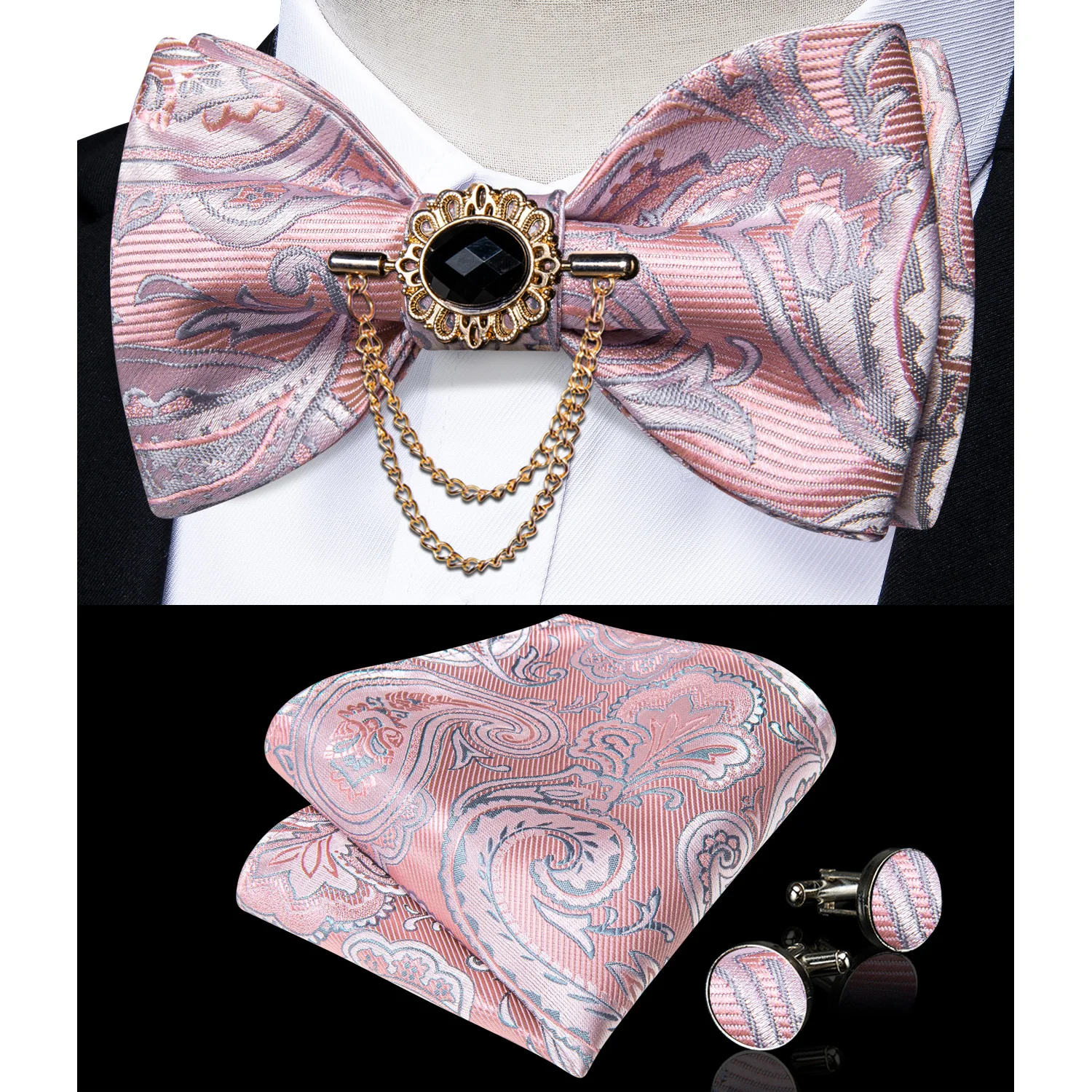 Exqusite männer Selbst-krawatte Bowties Hochzeit Krawatten Für Mann Zubehör Manschettenknöpfe Hanky Brosche Set Rot Schwarz Gelb blau Bowtie – Detail 16