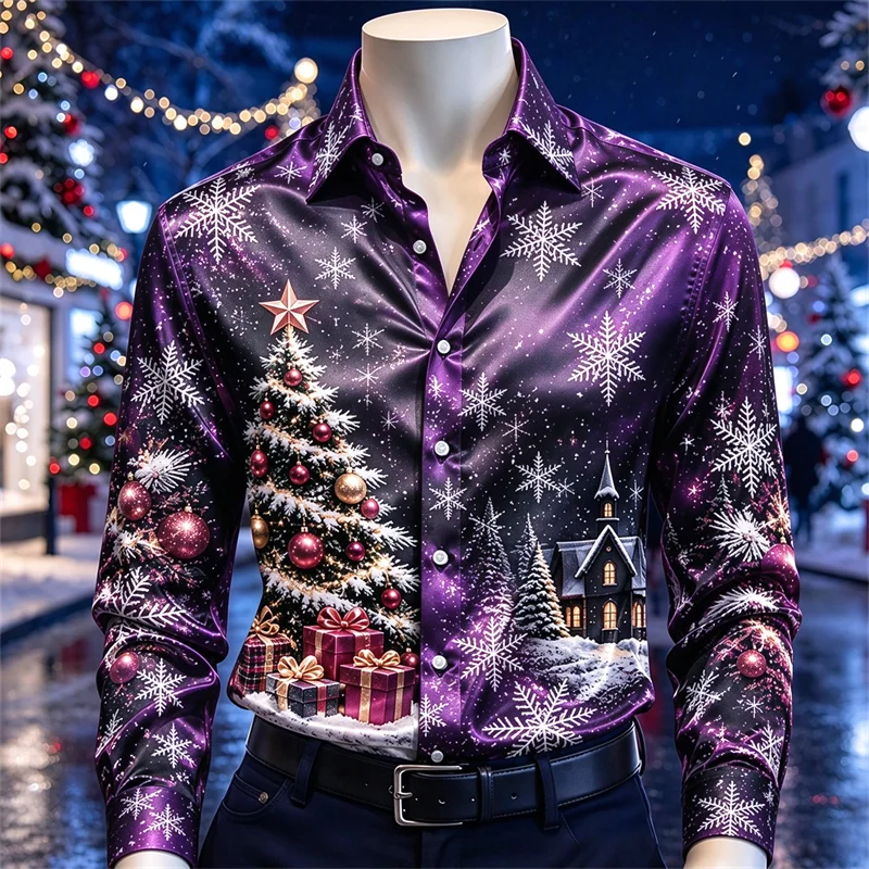 New men's shirt with red and black Christmas tree, snow scenery, snowflake hanging ball print, slim fit shirt