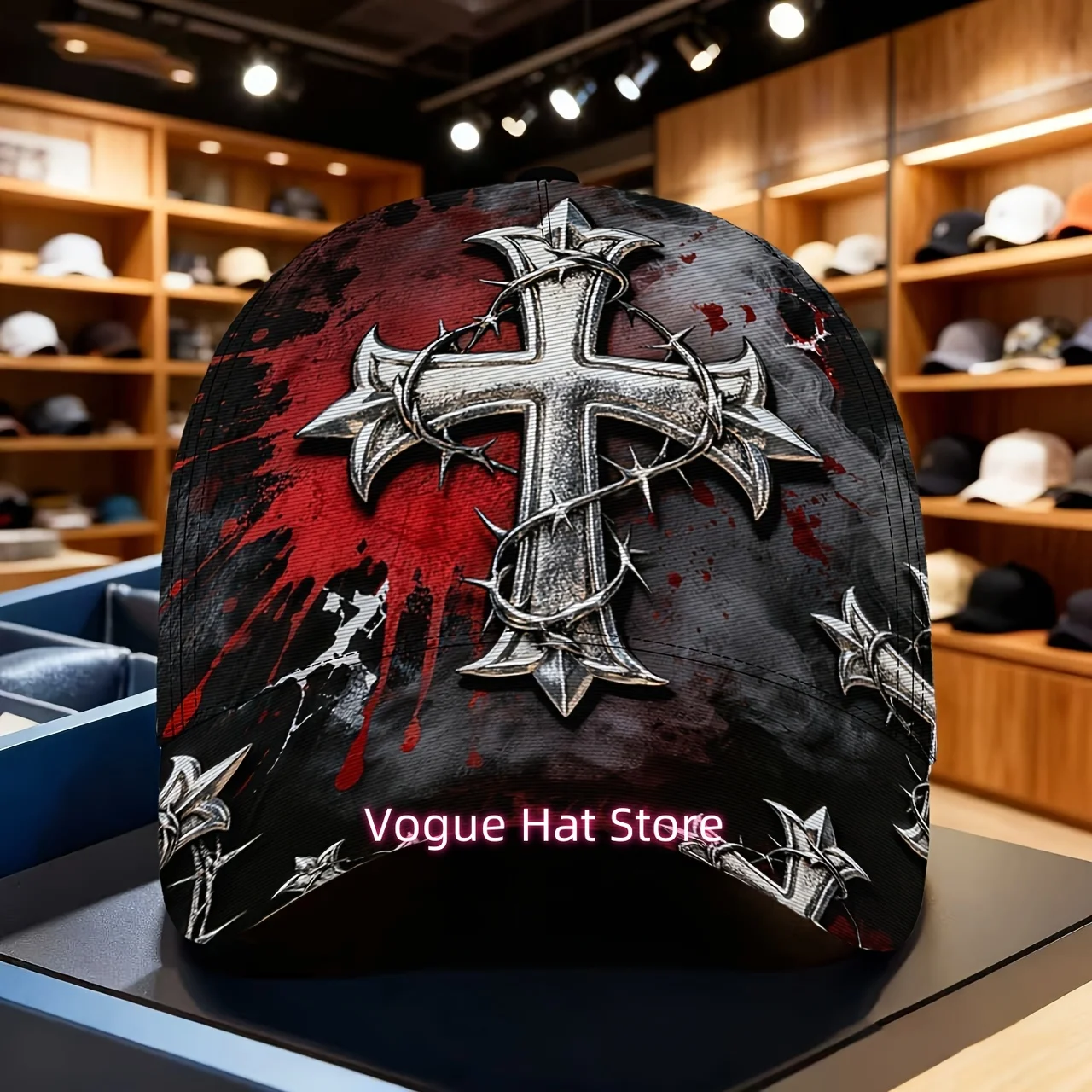 Gothic Thorn Cross Baseball Cap, Distressed Silver Cross with Barbed Wire, Blood-splatter Background.
