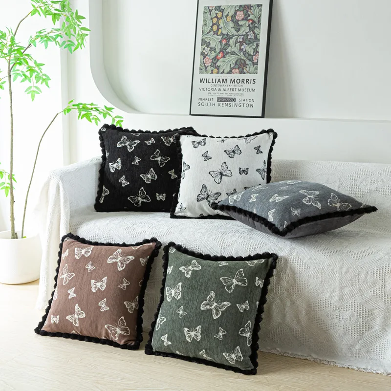 New Retro Sofa Pillow Cover, Butterfly Floral Cushion Pillowcase, Woolen Ball Lace Car Waist Pillow Covers Decorative