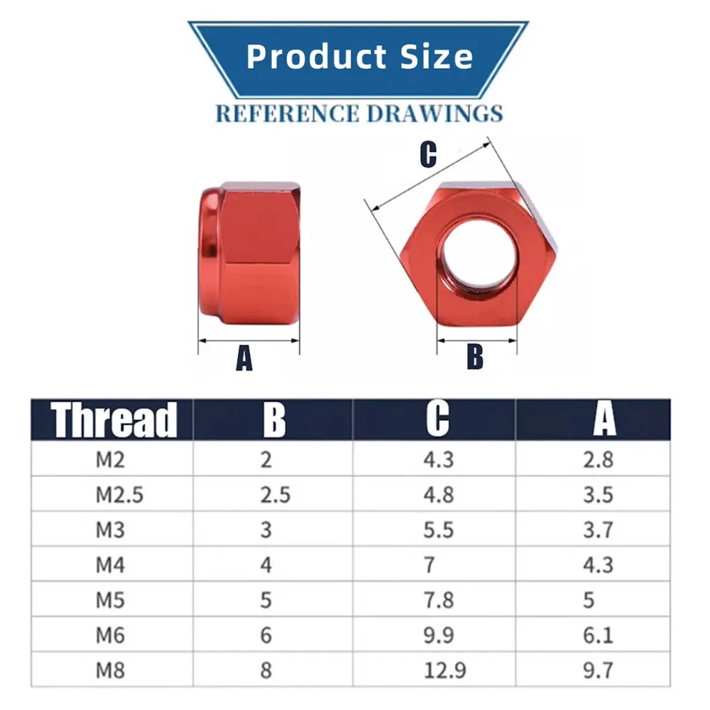 10Pcs M2 M2.5 M3 M4 M5 M6 M8 Aluminum Alloy Hex Nylock Nut Anodized Colorful Aluminium Hexagonal Nylon Self-Locking Nuts For RC