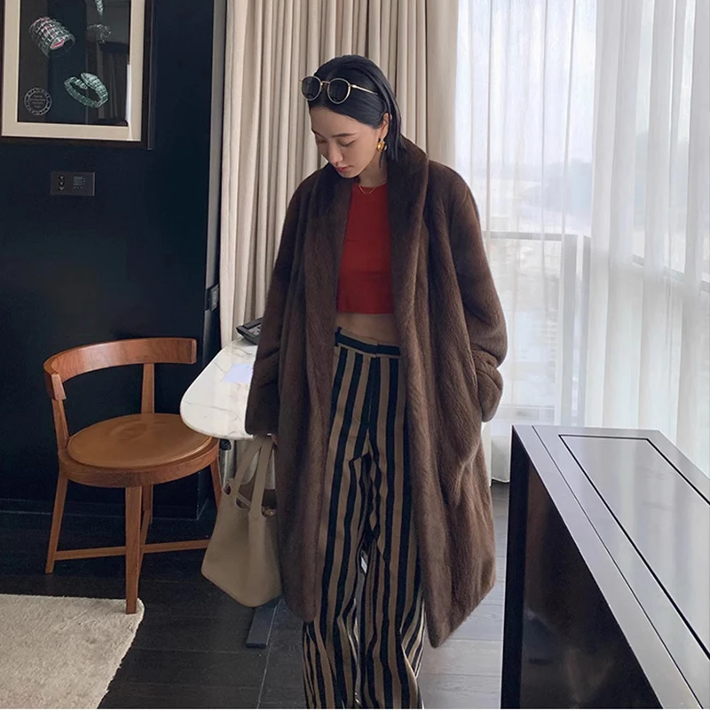 Ftangaiur-abrigo de invierno para mujer, abrigo de piel de visón de terciopelo de cisne importado, albornoz con cuello vuelto, abrigos de piel de visón auténtica