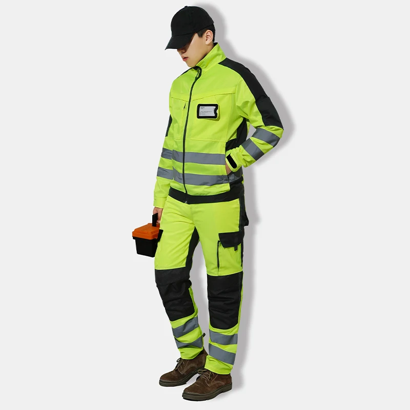 Fluorescerend Geel Arbeid Bescherming Pak Met Hi Vis Reflecterende Strepen Multi Pockets Veiligheid Werk Uniform Jas + Broek Set Mannen