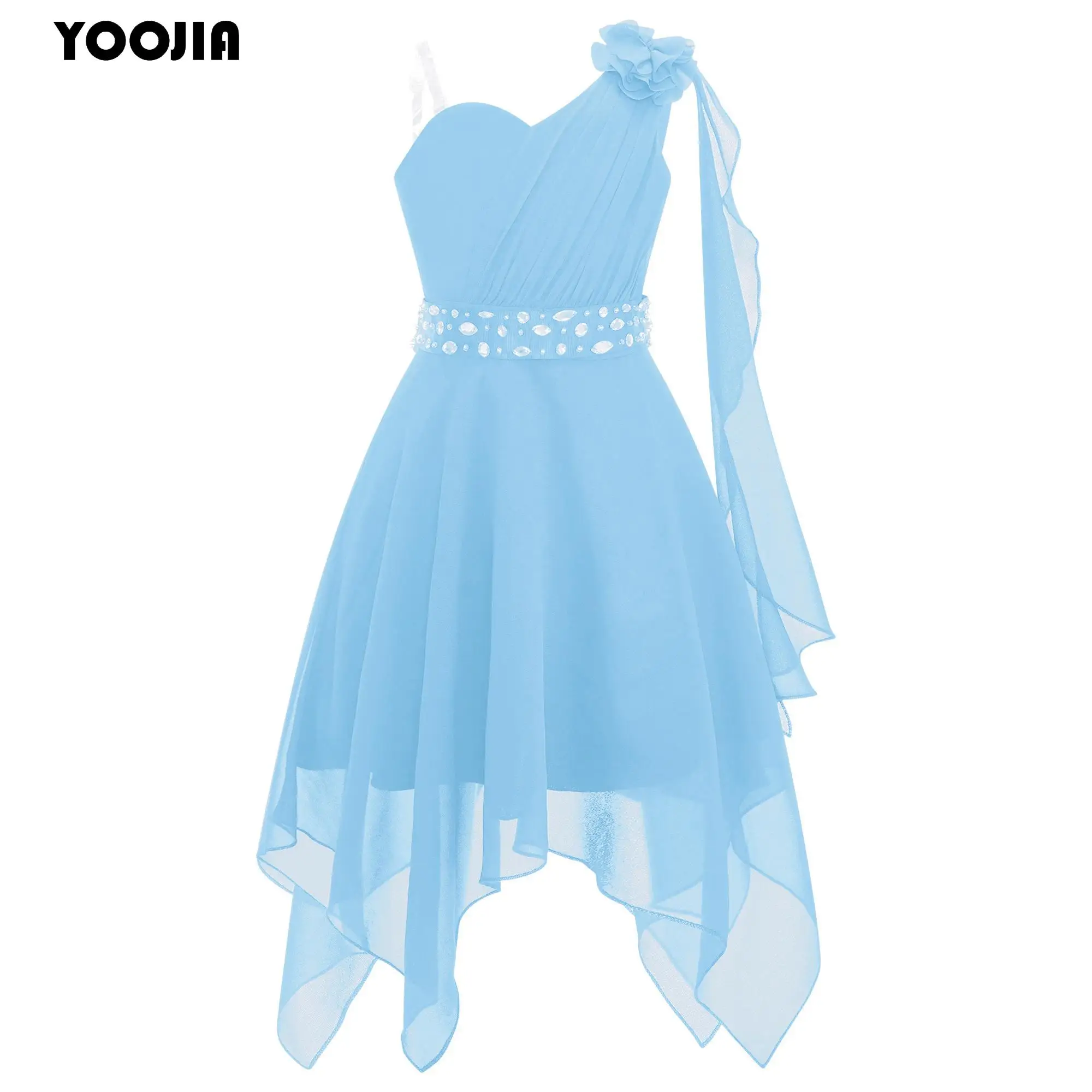 

Kids Flower Girls Dress 3D Applique High Low Chiffon Dress One Shoulder Wedding Bridesmaid Formal Prom Dress with Beaded Sash