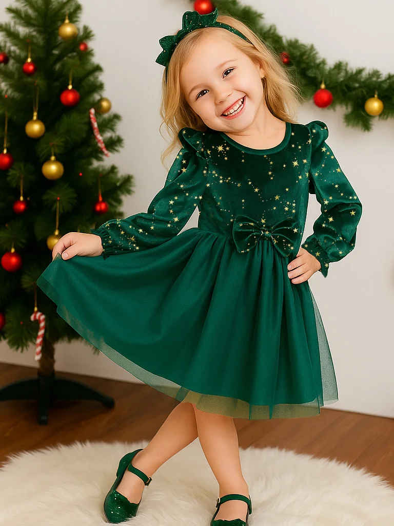 Mädchen Samt Langarm Prinzessinnenkleid Weihnachtssternmuster Herbst Winter Kinderkleidung Kindermode – Detail 2