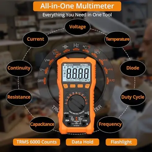 Multímetro Digital TRMS Neoteck de 6000 Lecturas - Rango Automático, NCV, Temperatura, Capacitancia, Diodo, Continuidad - Naranja