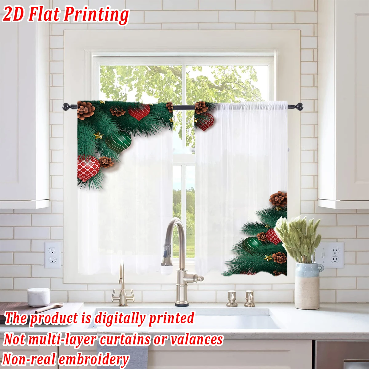 عيد الميلاد طباعة مسطحة المطبخ شير الستار مع عيد ميلاد سعيد الكرة كوز الصنوبر فرع الصنوبر لعيد الميلاد ديكور المنزل الطرف