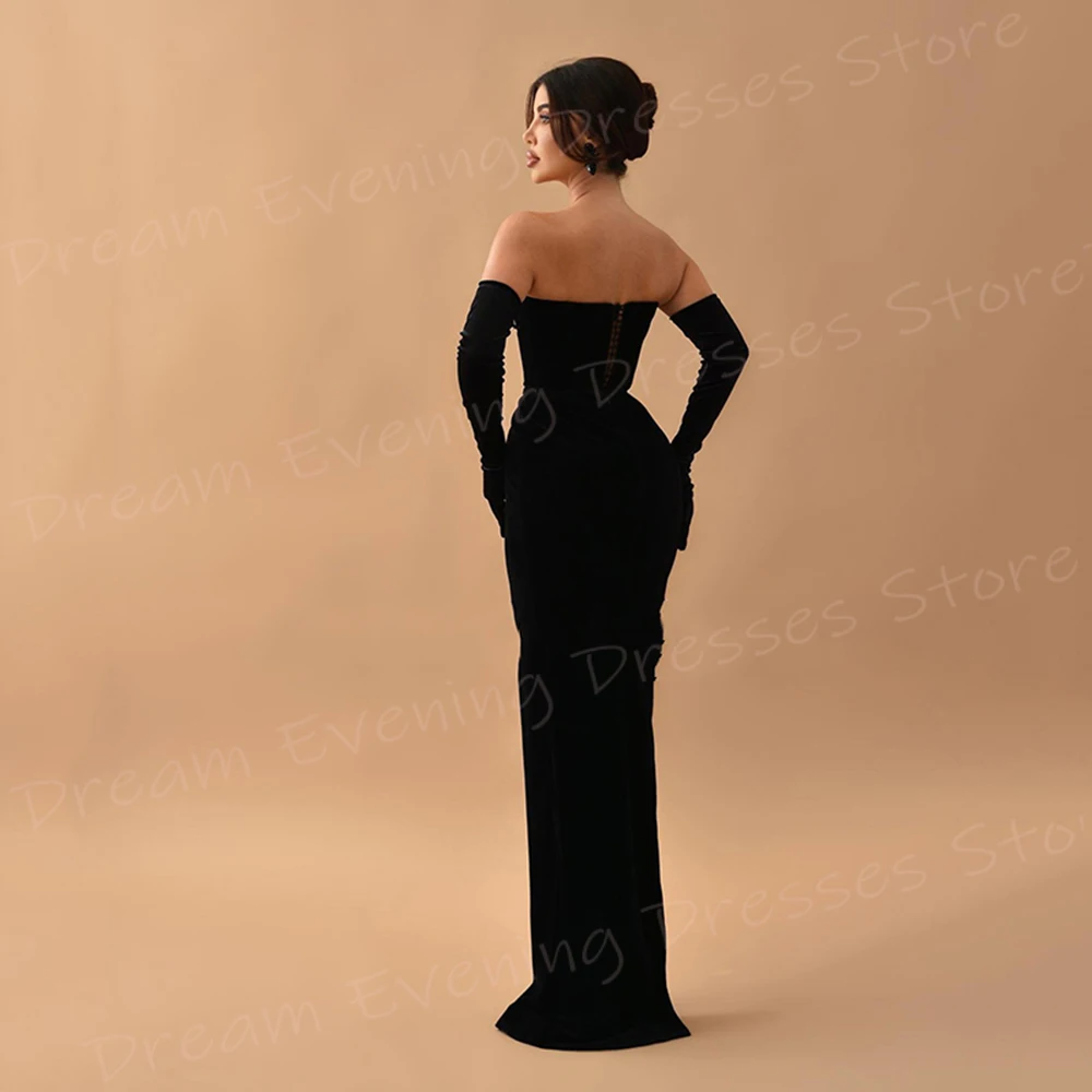 Classic Charming Black Mermaid Simple Women's Evening Dresses Sleeveless Strapless Prom Gowns High Side Split فساتين سعيد شارون