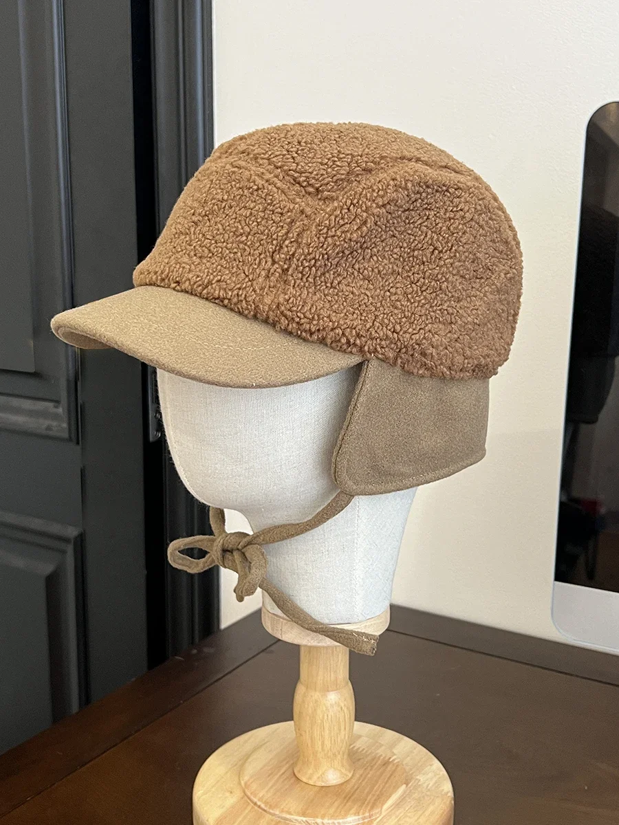 Lamb wool short brim cap children autumn and winter warm Lei Feng hat thickened ear hat men