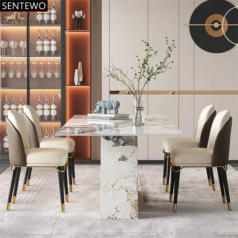 Luxury Rock Slab Kitchen Dining Tables Chair Set Stainless Steel Gold Frame Faux Marble Table Dinner Chair Set Esstisch Tische