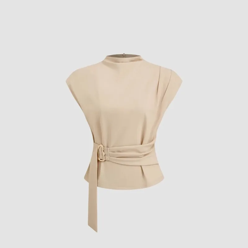 2026 New Women Mock Neck Cap Sleeve Wrap Blouse Metal Buckle Belted Waist Slim Crop Office Casual Top