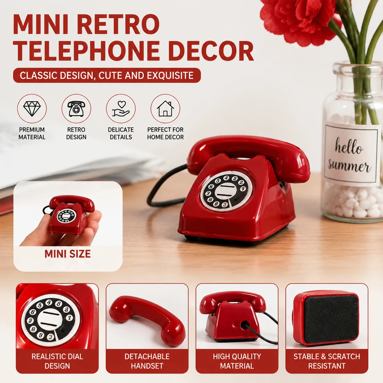Retro Rotary Telephone Miniature, Alloy Dollhouse Furniture Model for Food Game Scene Decor