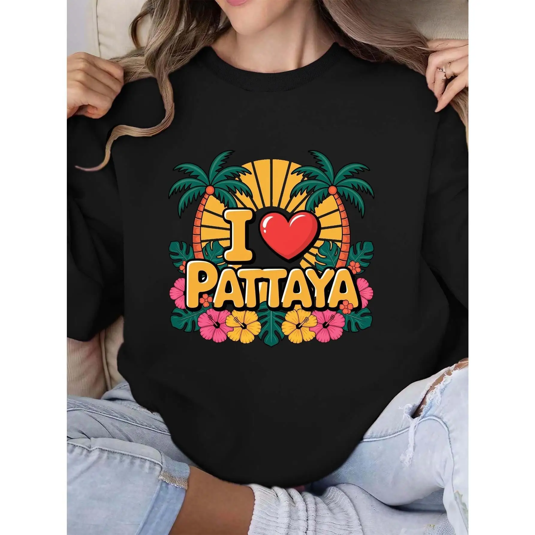 

Women Men I Love Pattaya Sweatshirt Thailand Travel Souvenir Pullover Tropical Beach Heart Print Vacation Top