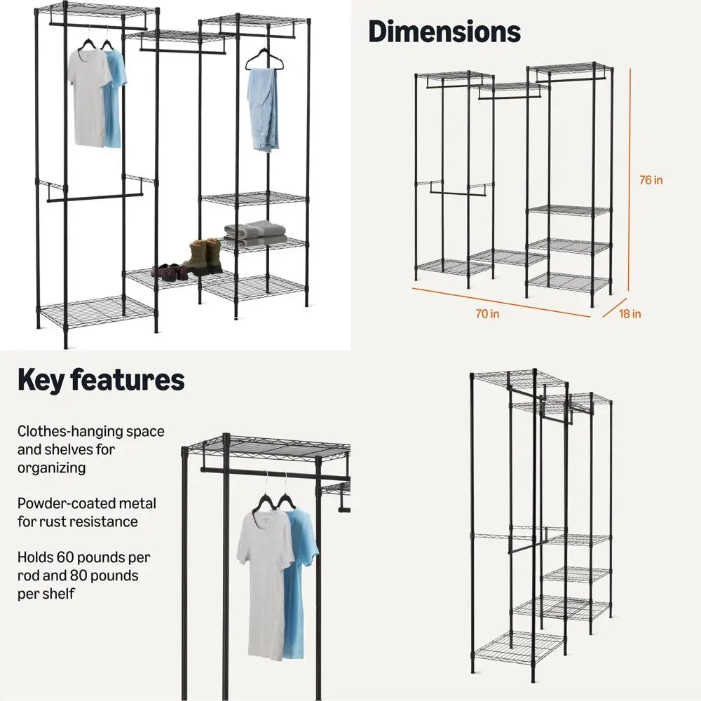 

Black 70 Wide Metal Closet Organizer with Shelves and Hanging Rod