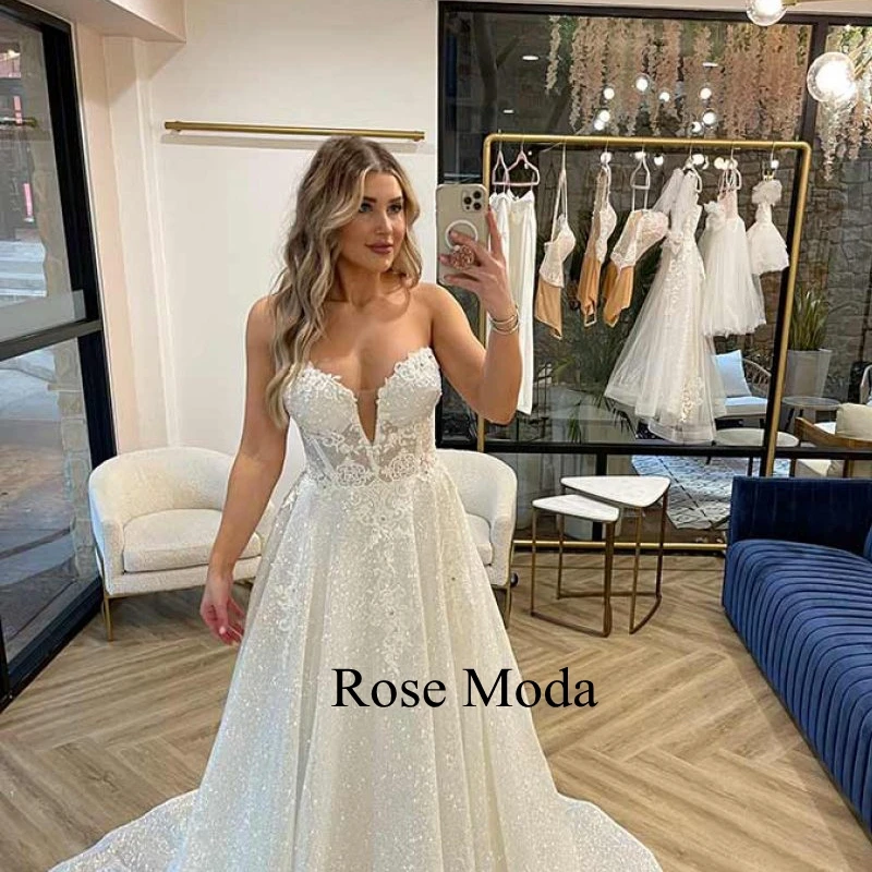 Rose Moda Deep Sweetheart Neckline Princess Glittering Lace Wedding Dresses Custom Make Real Photo