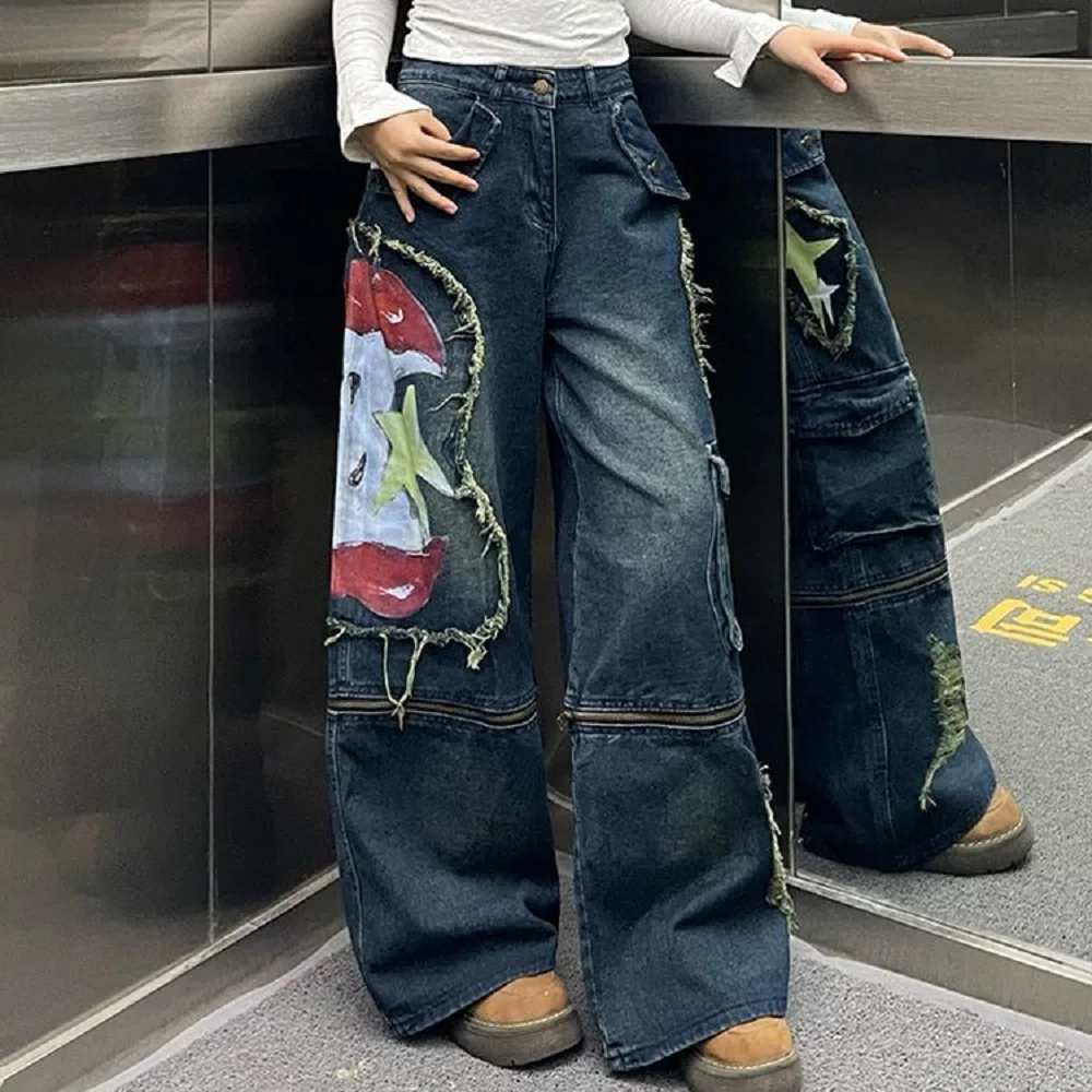 American Heavy Industry Removable Two-Wear Work Pants Women'S 2025 Spring New Hot Girls Graffiti Printed Floor Wide Leg Pants