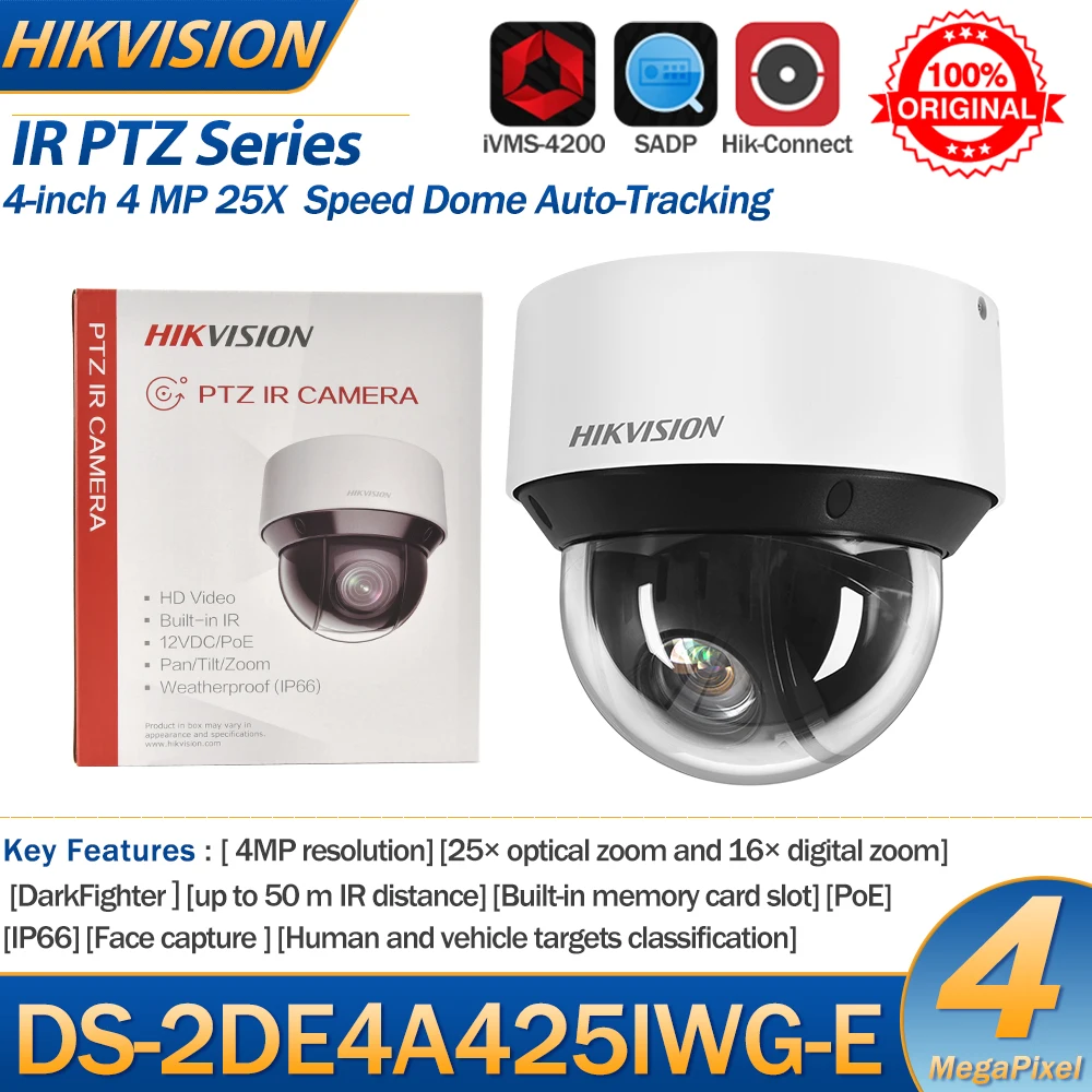 hikvision 4mp camera ip ptz ds2de4a425iwg e polegadas poe 50m ir 25x zoom optico 48120 mm inteligente auto tracking rede velocidade dome 01