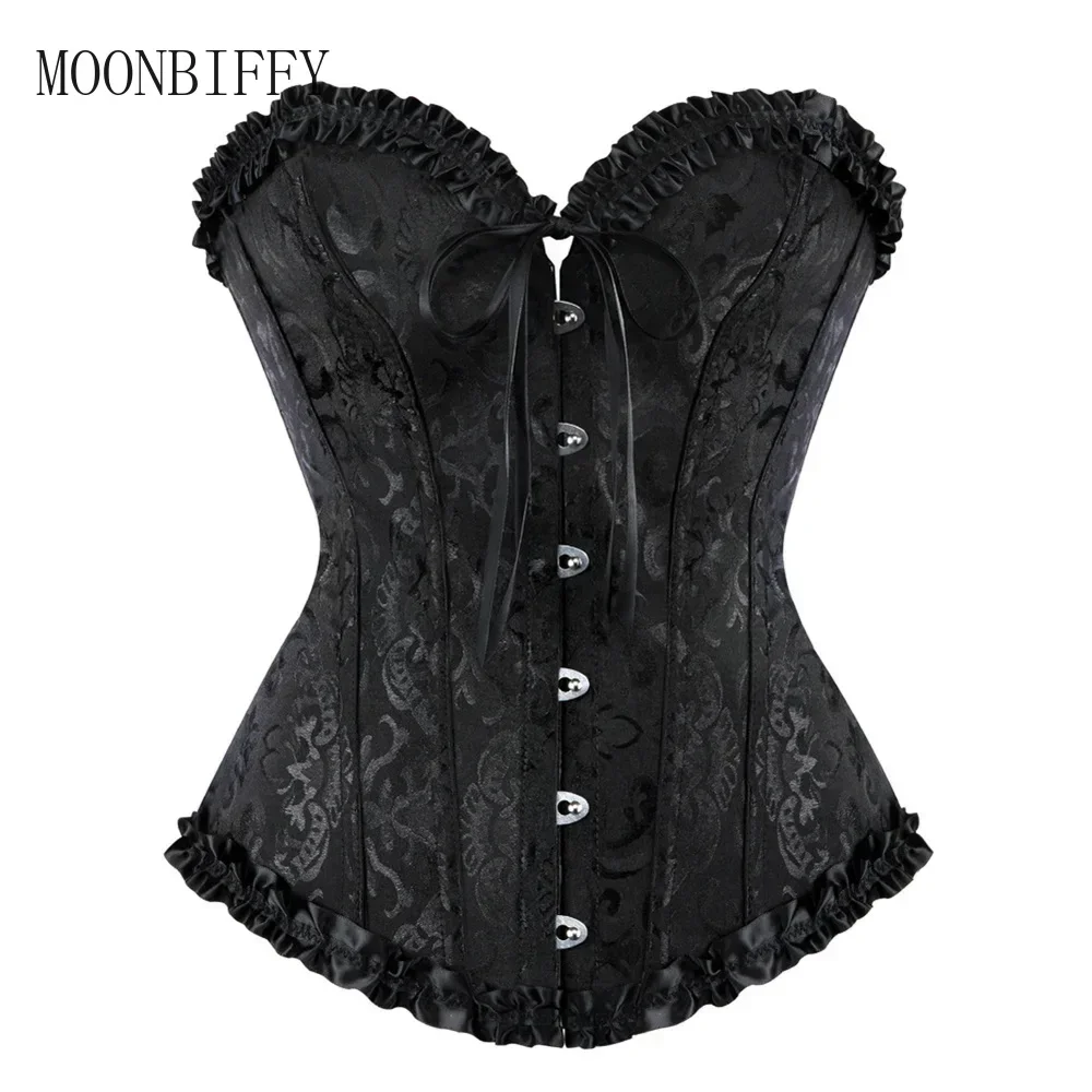 Sweetheart Corset Top for Women Sleeveless Floral Print Black Brocade Overbust Corset with Ruffle Trim Gothic Bustier