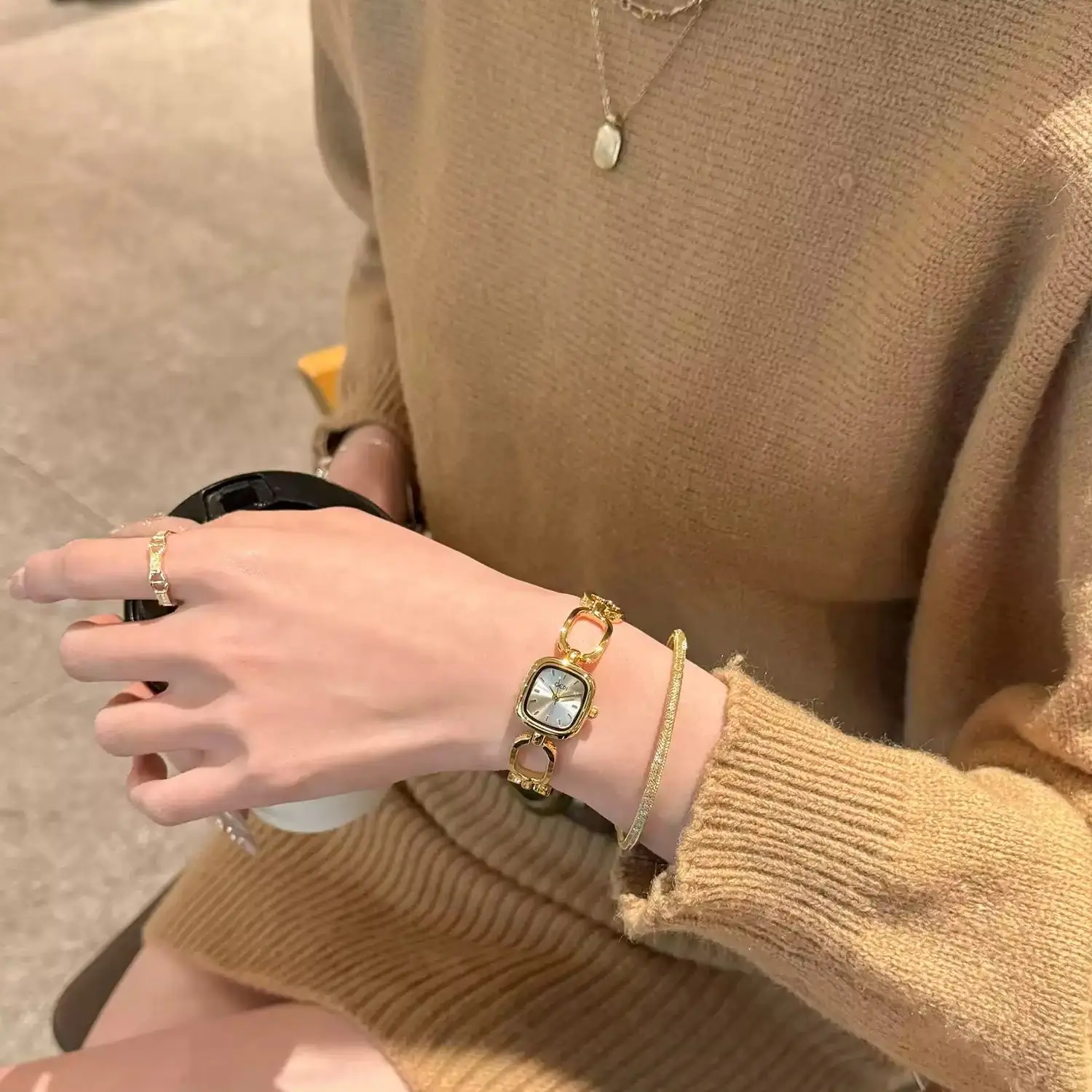 Vintage Square Ladies Quartz Watch, Gold Hollow Chain Bracelet Delicate Wristwatch