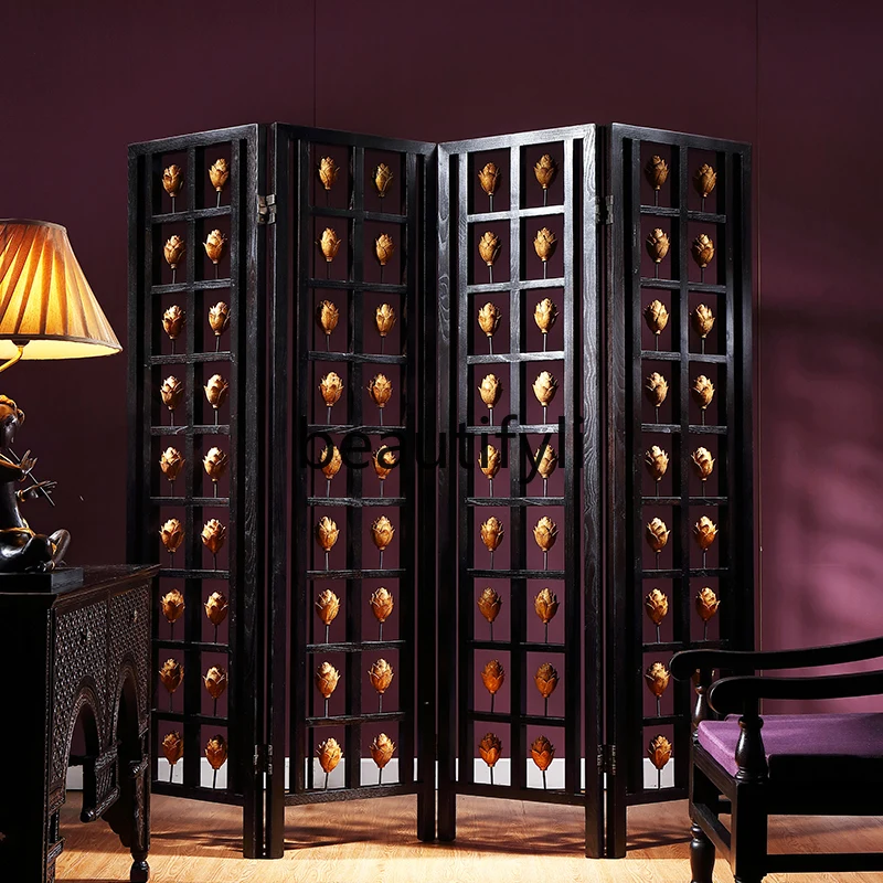 

Chinese-style solid wood screen partition living room double-sided painted mobile folding screen Southeast Asian style furniture