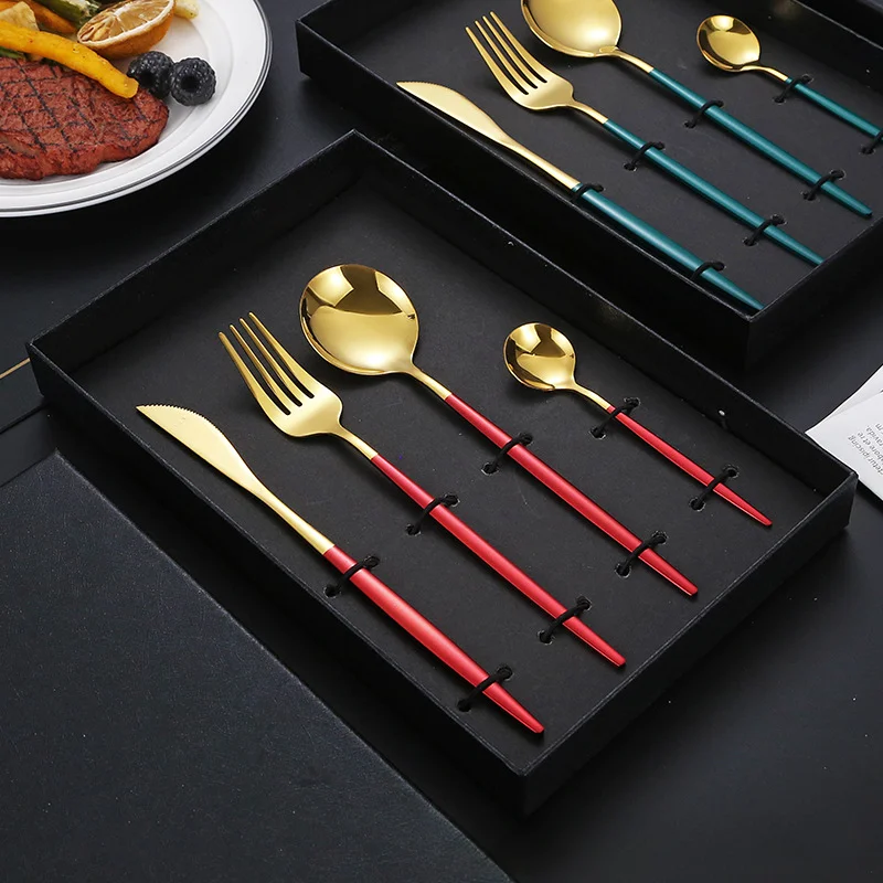 

Luxury Dinnerware Set Stainless Steel Fork Spoon Knife Steak Coffee Teaspoon Flatware Photography Background Photo Accessories