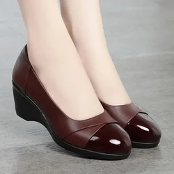 Women Fashion Light Weight Wedge Heel Comfort Spring & Autumn Shoes Lady Casual Sweet Home & Outside Black Leather Pumps E1419