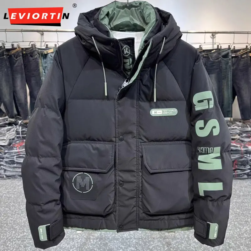 2024 New winter men's hooded fashionable waterproof down jacket, Korean style color blocked slim fit workwear, warm jacket