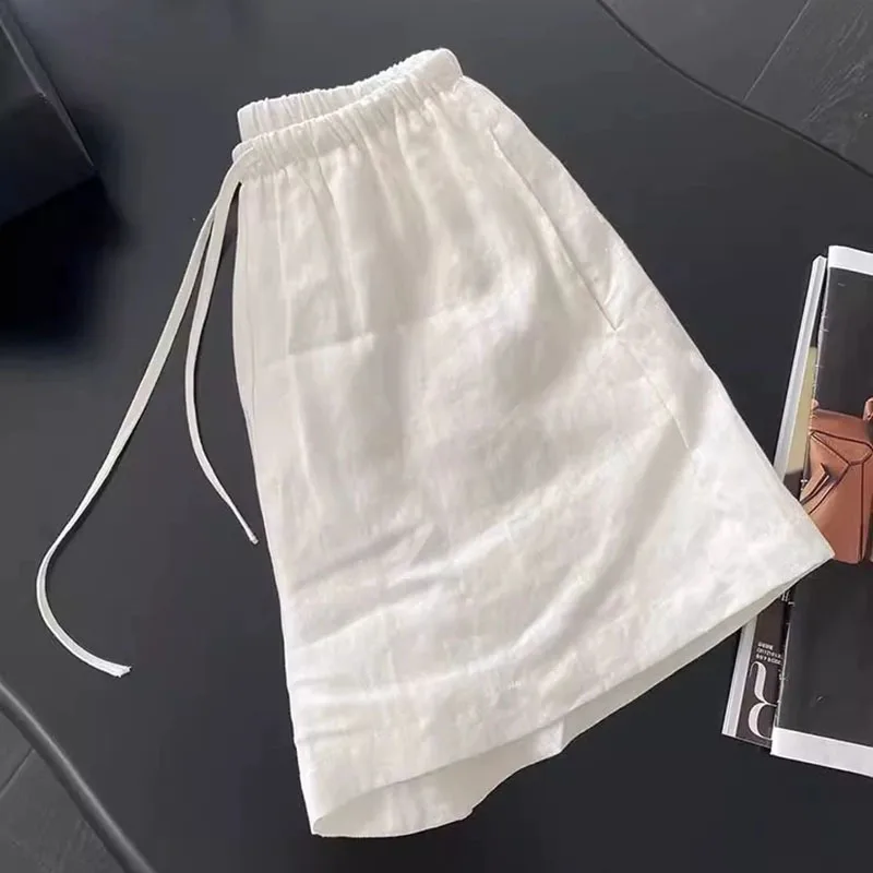 2026 Women Summer Linen White Shorts Casual Solid Two Pockets High Waist Shorts Woman Soft Cool Baggy Hot Lace Up Short Pants