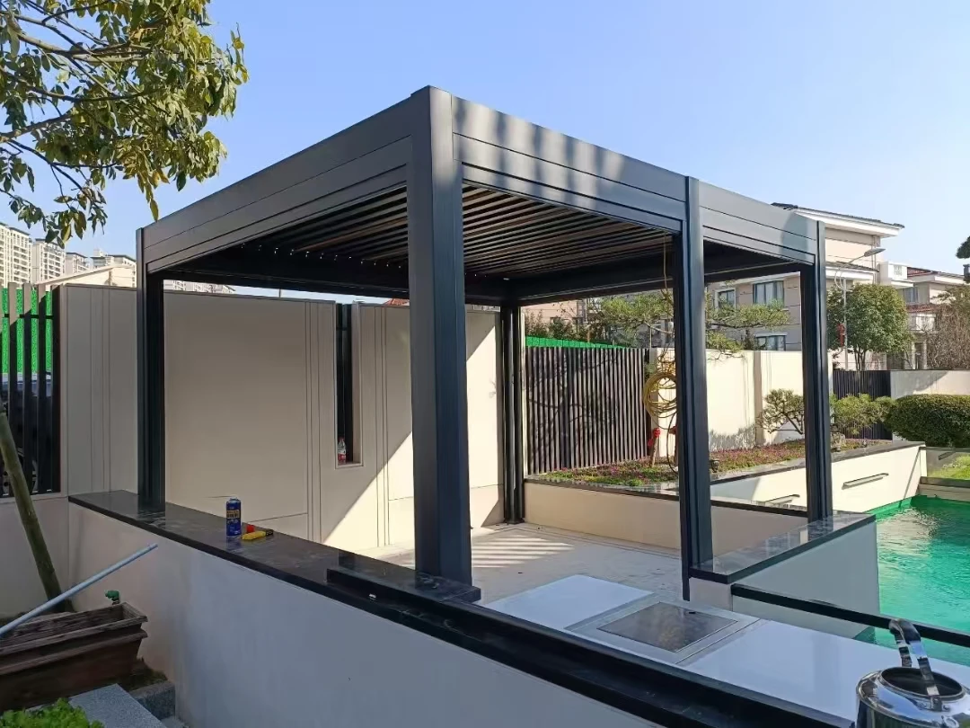 107 Remote Control Customized Louver Roof System Waterproof PVC Coated Aluminium Awning Canopy Outdoor 30m Coverage