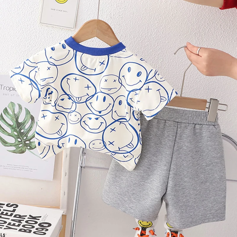 0-5 years old Boys clothes set summer cotton Korean Graffiti smiling face Full printing Short sleeves+shorts Two-piece set