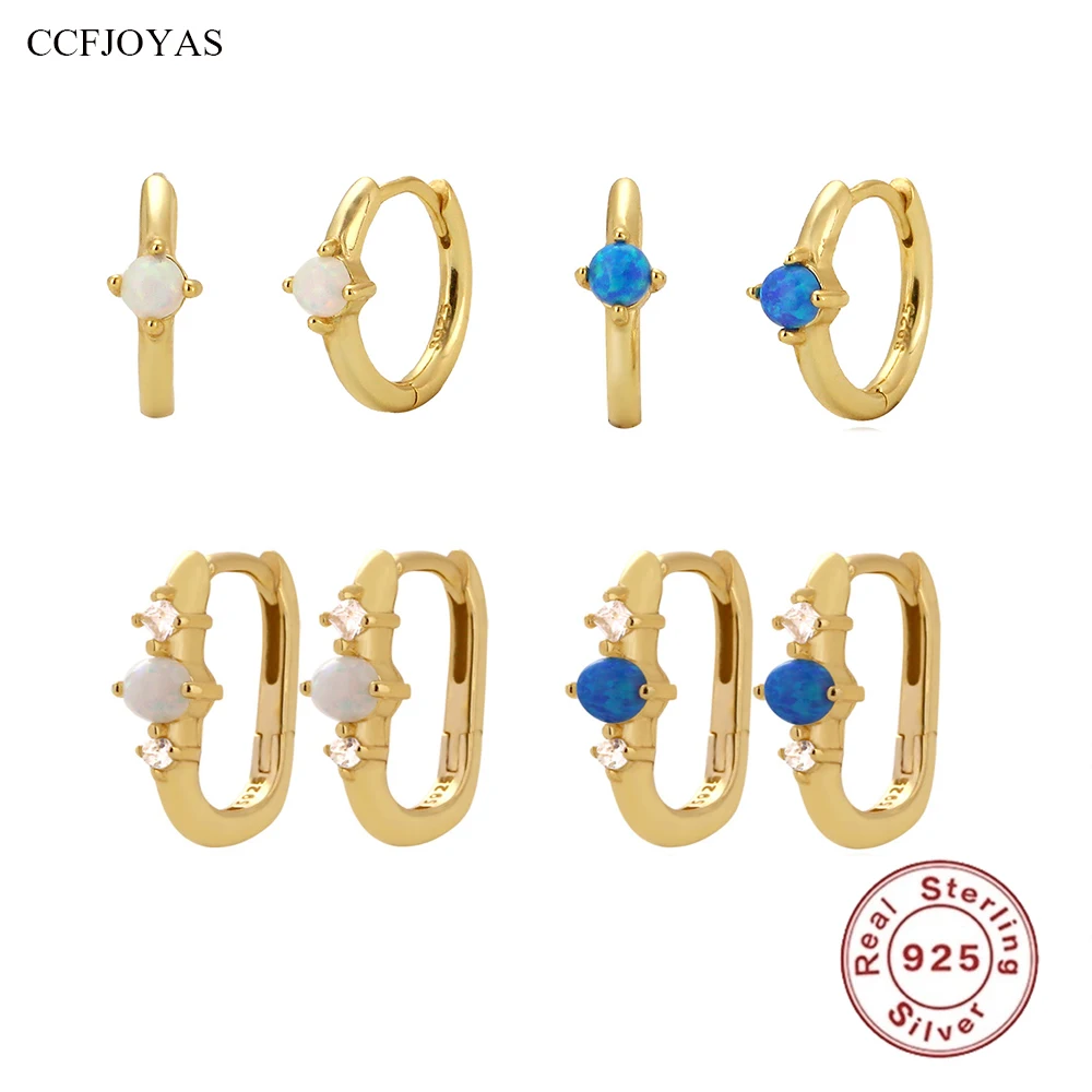 

CCFJOYAS 9mm 925 Sterling Silver White/Blue Opal Hoop Earrings for Women Minimalist Gold Silver color Huggies Earrings