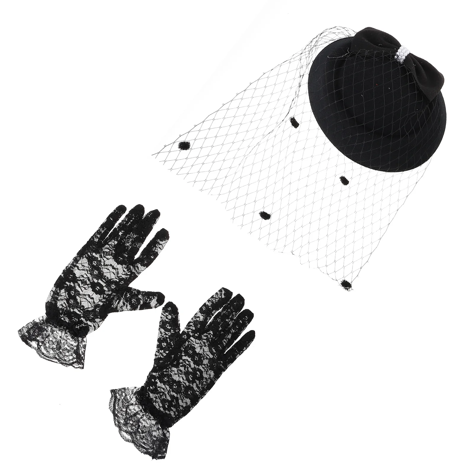 1Set Party Net Garn Hut Spitze Handschuhe Frauen Cheongsam Decor Dance Party Kopfschmuck Frauen Schleier Hut Spitze Handschuhe Mesh haar Dekoration