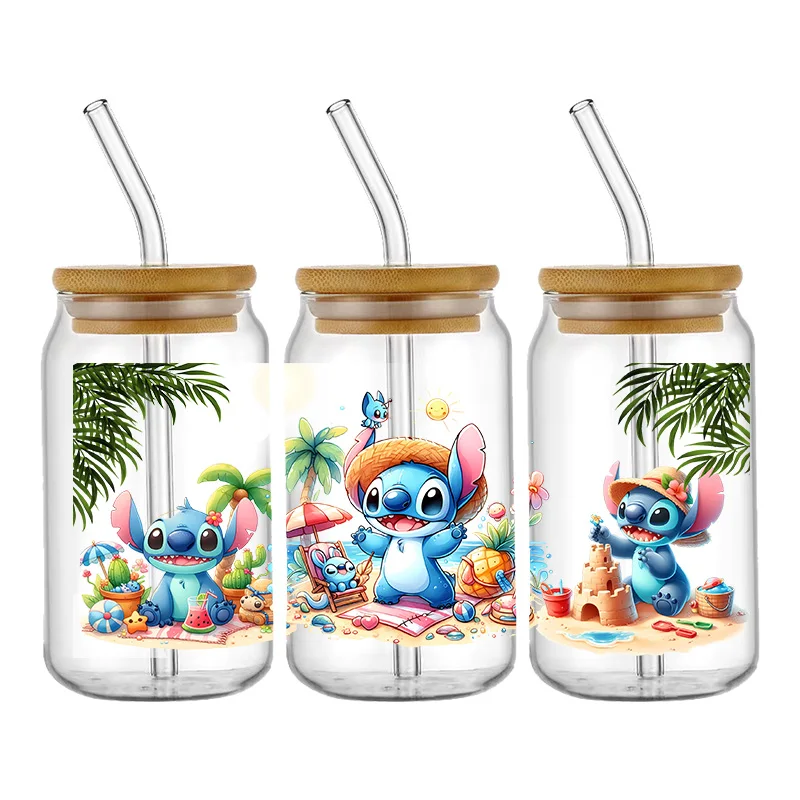 Disney Stitch-pegatina UV DTF de cristal de 16oz, pegatina de transferencia personalizada para envolver tazas, etiqueta personalizada con logotipo,