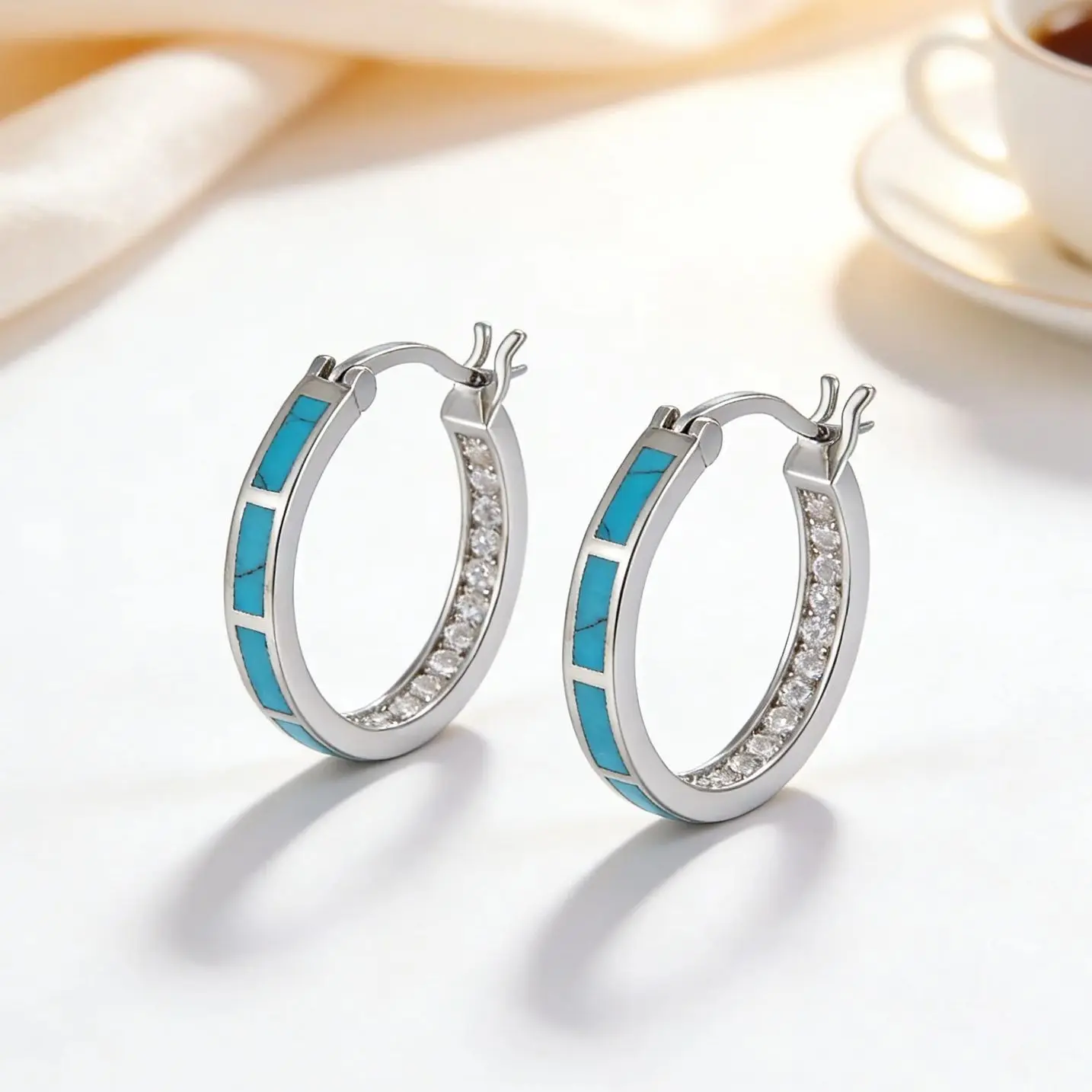 Hypoallergenic Turquoise & Zircon Hoop Earrings for Women,Boho Chic Everyday Hoops,Luxury Jewelry Valentines Gift for Grilfriend