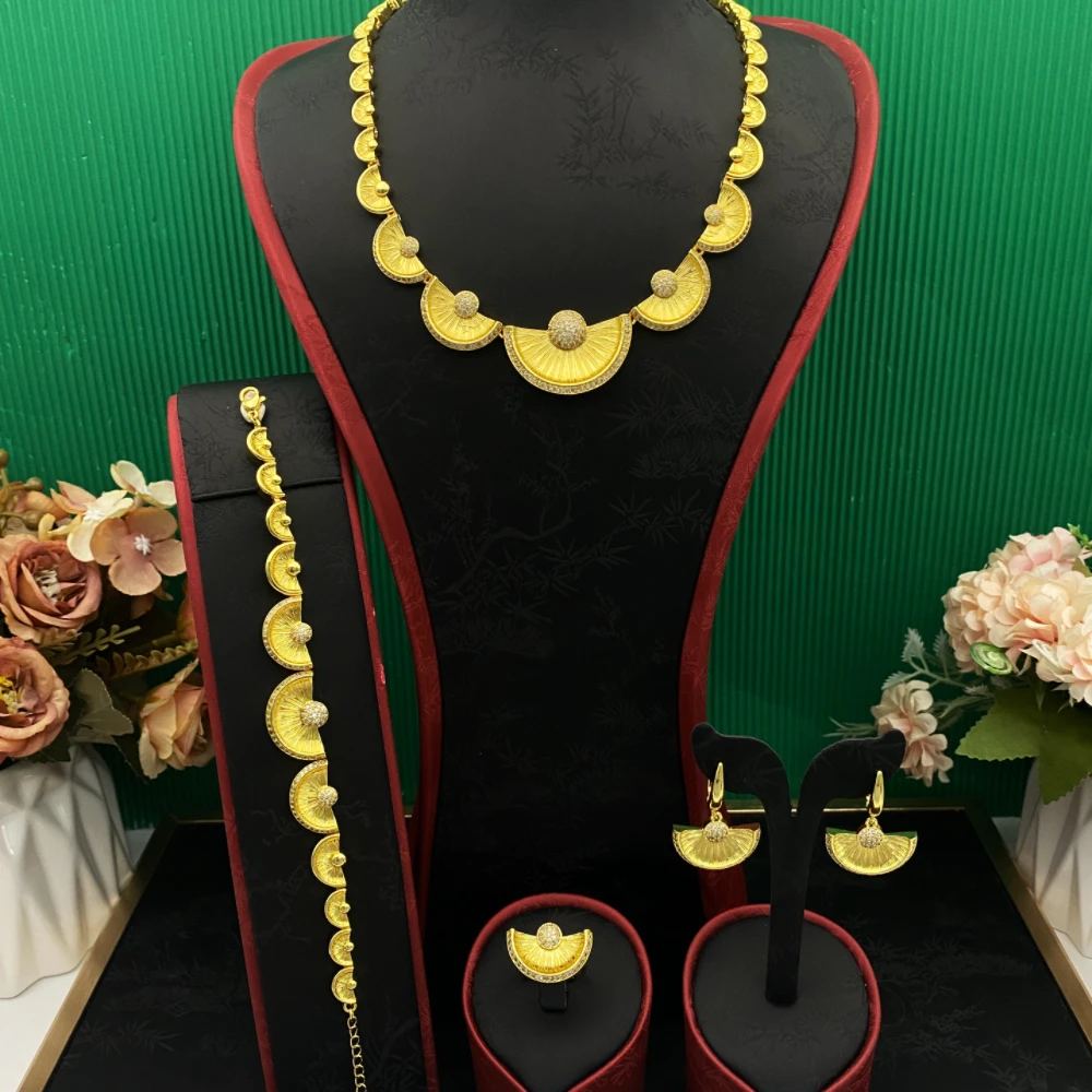 

JRH Gold Plated Cubic Zirconia Wedding Jewelry Set for Women Luxury Earrings Necklace Bracelet Ring Fashion