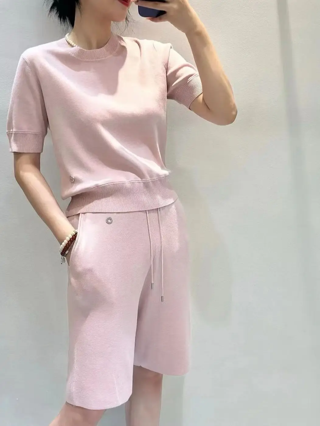 Summer casual silk cotton knitted short sleeved shorts suit