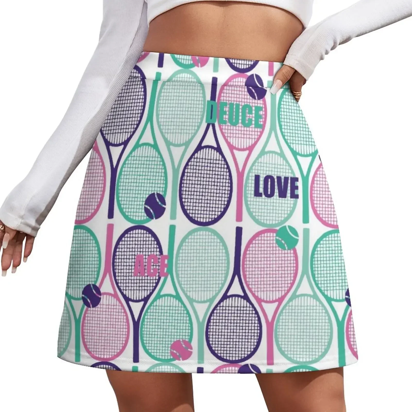 

All tennis rackets pattern: pink, teal blue and minty on white backbround Mini Skirt mini skirt Mini Skirt